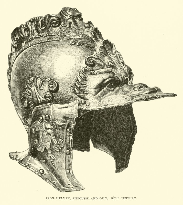 Jernhjelm, repouse og forgyldt, 1500-tallet af English School