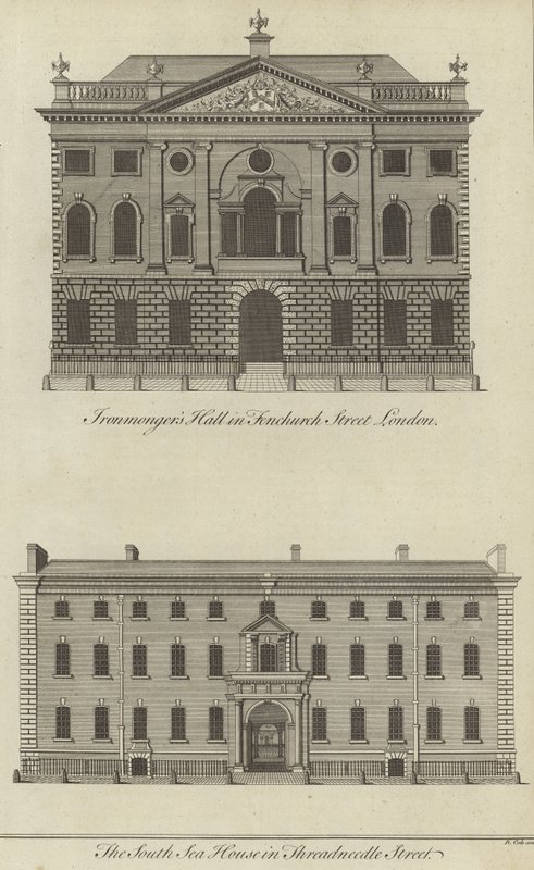 Ironmongers Hall, Fenchurch Street og South Sea House, Threadneedle Street, London af English School
