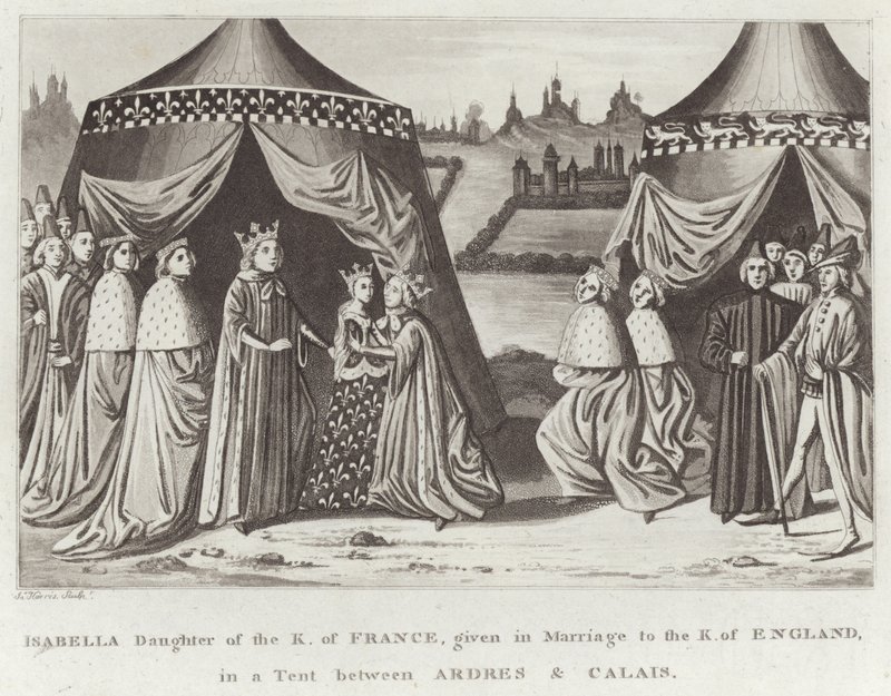 Isabella Datter af K. af Frankrig, givet i ægteskab med K. af England, i et telt mellem Ardres og Calais af English School