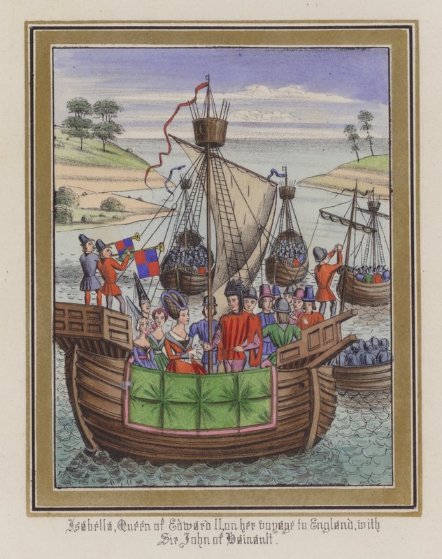 Isabella, dronning af Edward II, på sin rejse til England, med Sir John De Hainault (farvet gravering) af English School