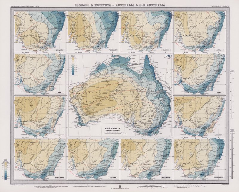 Isobarer og isohyeter, Australien og Sydøstaustralien (farvelitografi) af English School