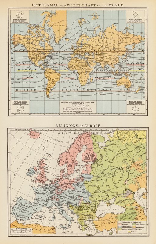 Isotermi- og vindkort over verden; Europas religioner (farvelitografi) af English School