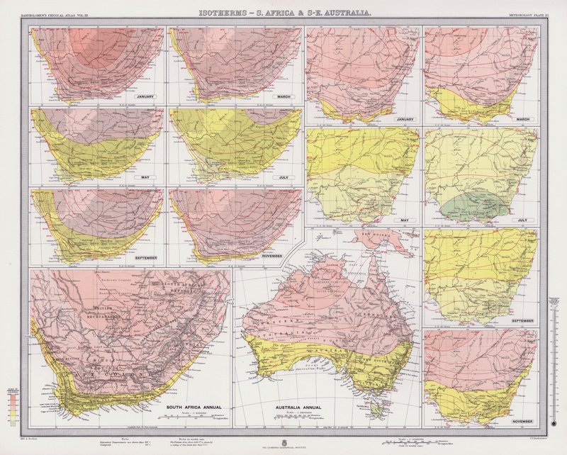 Isotermer, Sydafrika og det sydøstlige Australien (farve litho) af English School