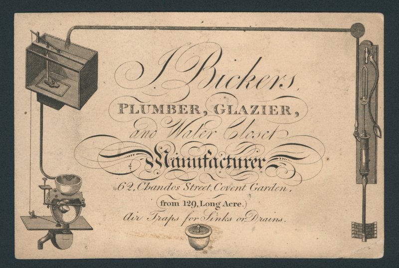 J Bickers, blikkenslager, glarmester og producent af vandkloset, 62 Chandos Street, Covent Garden, handelskort af English School