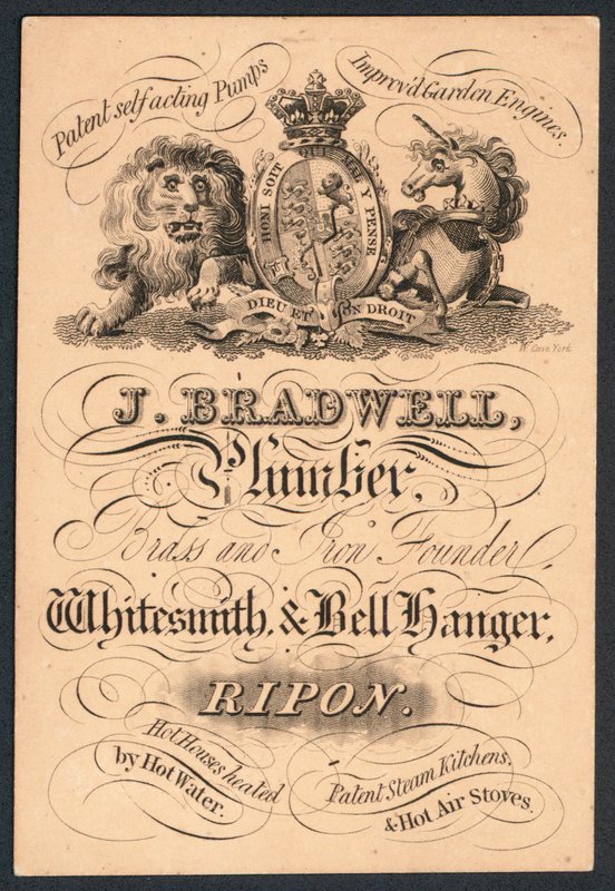 J Bradwell, blikkenslager, messing- og jernstifter, smed og klokkehænger, fagkort af English School