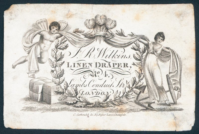 J R Wilkins, linned draper, trade card af English School