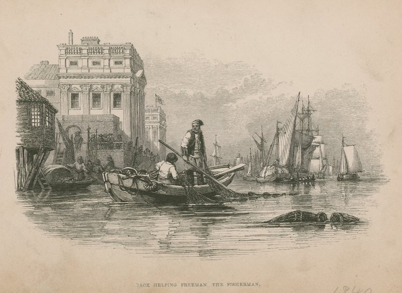 Jack hjælper Freeman the Fisherman; illustration fra Poor Jack af Frederick Marryat af English School