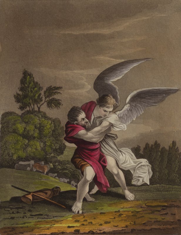 Jakob kæmper med en engel (farve litho) af English School
