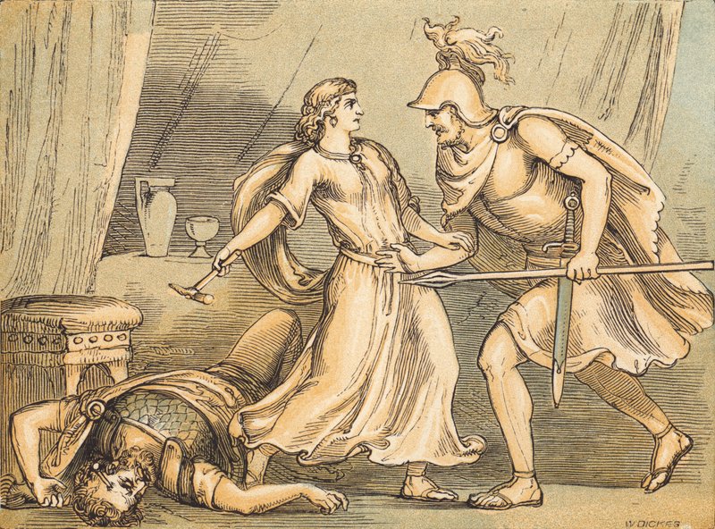 Jael og Sisera (farvet gravering) af English School