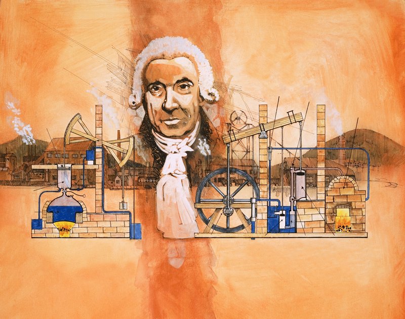 James Watt med ovne og mekaniske pumper i baggrunden af English School