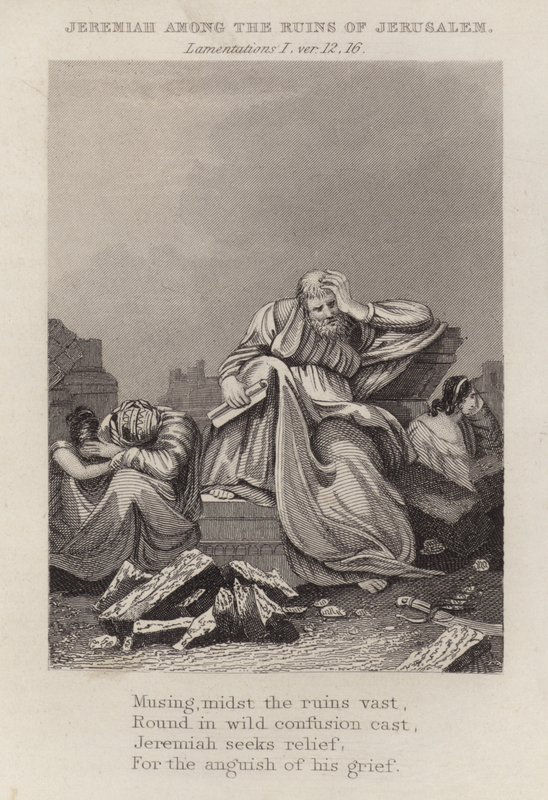 Jeremias blandt ruinerne af Jerusalem, Klagesange I, vers 12 af English School