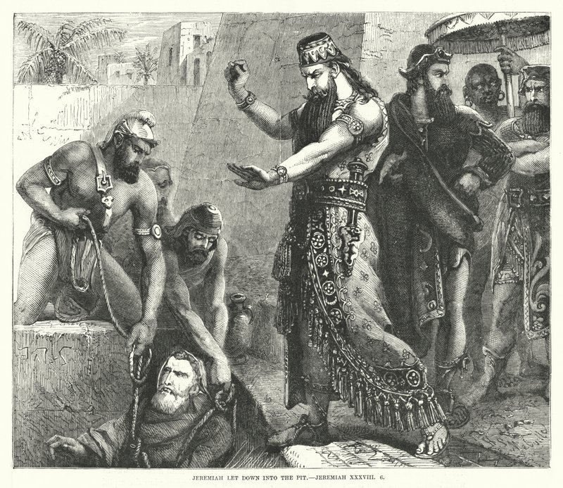 Jeremias slap ned i gruben, Jeremias XXXVIII, 6 (gravering) af English School