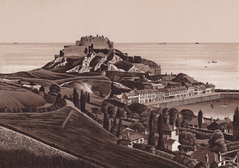 Jersey, Chanel-øerne: Mount Orgueil Slot og Gorey Havn (litho) af English School