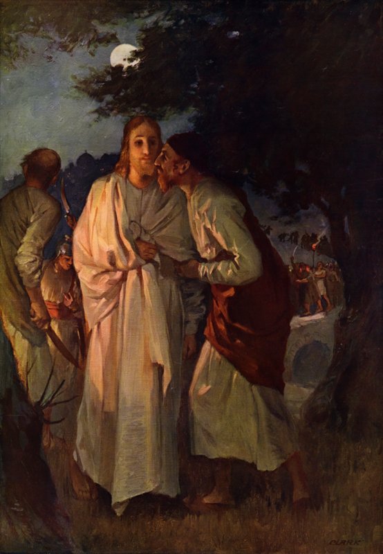 Jesus og Judas (farve litho) af English School