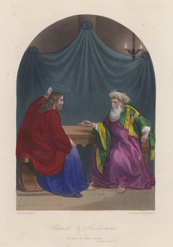 Jesus Kristus og Nikodemus (koloreret kobberstik) af English School