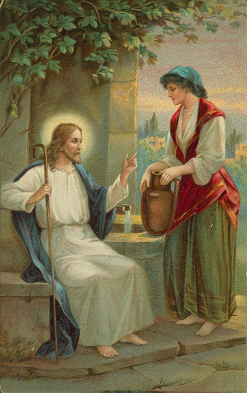 Jesus Kristus og kvinden fra Samaria (chromolitho) af English School