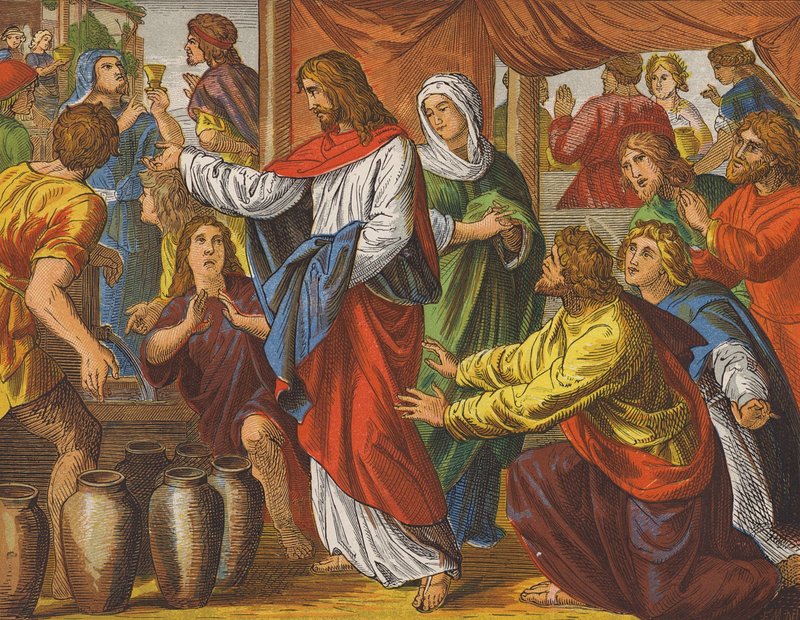 Jesus Kristus og brylluppet i Kana (farvelitografi) af English School
