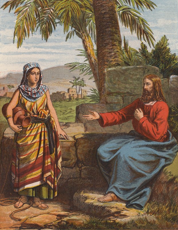 Jesus Kristus og kvinden fra Samaria (farvelitografi) af English School