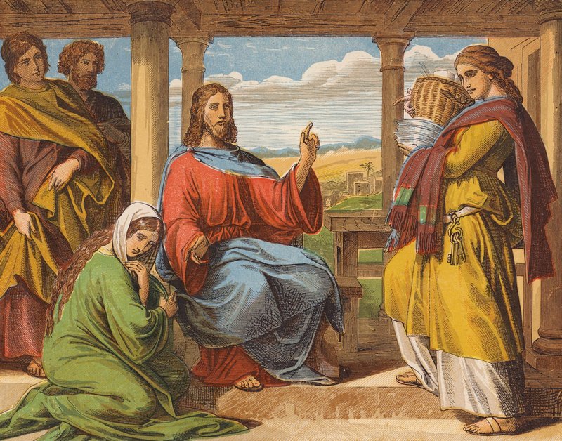 Jesus Kristus i Marthas og Marias hus (farvelitografi) af English School