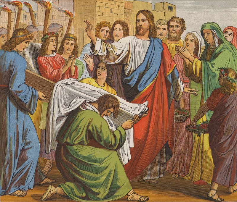 Jesus Kristus opvækker sønnen fra enken i Nain (farvelitografi) af English School