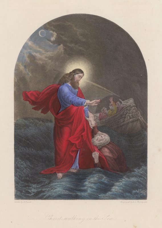 Jesus Kristus går på Galilæas Sø (koloreret gravering) af English School