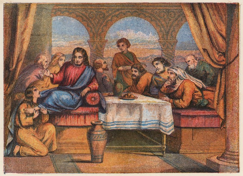 Jesus Kristus med sine disciple og Maria Magdalene (farvelitografi) af English School