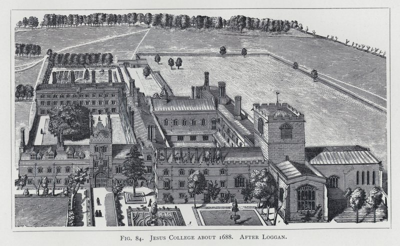 Jesus College omkring 1688, efter Loggan (gravering) af English School