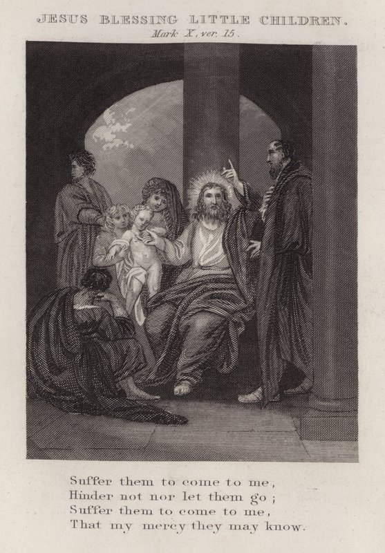 Jesus velsigner små børn, Mark X, ver 15 (gravering) af English School
