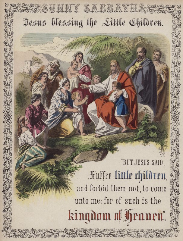 Jesus velsigner de små børn (farvet indgravering) af English School