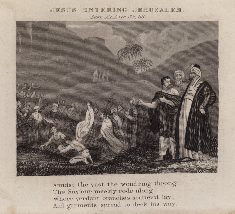 Jesus går ind i Jerusalem, Lukas XIX, vers 35, 38 (gravering) af English School