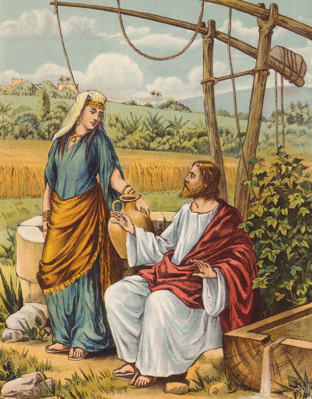 Jesus taler med kvinden fra Samaria (farvelitografi) af English School