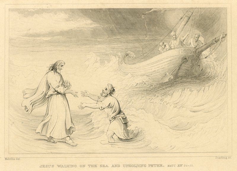 Jesus går på havet og støtter Peter, Matthæus XIV, 24-33 (gravering) af English School