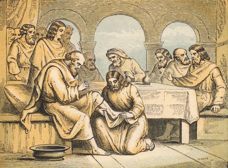 Jesus vasker sine disciples fødder (farvet indgravering) af English School
