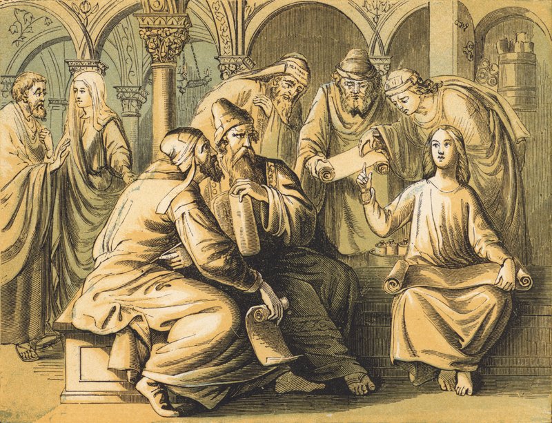 Jesus med lægerne (farvet indgravering) af English School