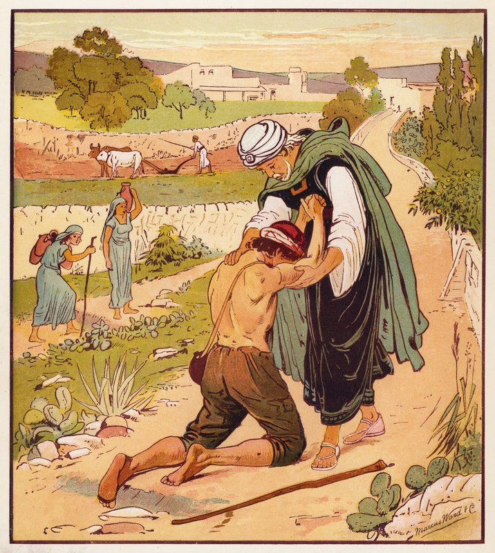 Jesu lignelser: Den fortabte søns tilbagevenden (farve litho) af English School
