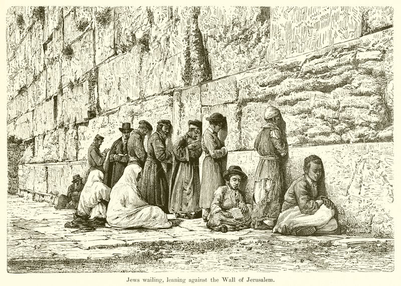 Jøder, der jamrer, læner sig op ad Jerusalems mur af English School