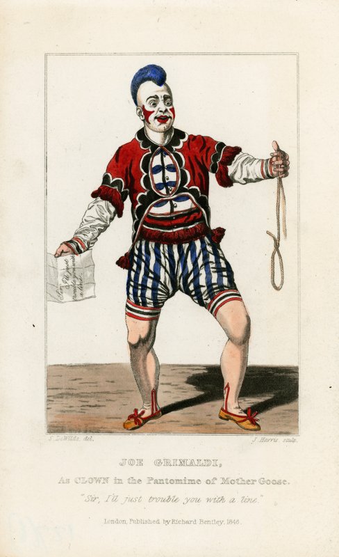 Joe Grimaldi, som klovn i pantomime af Mother Goose af English School