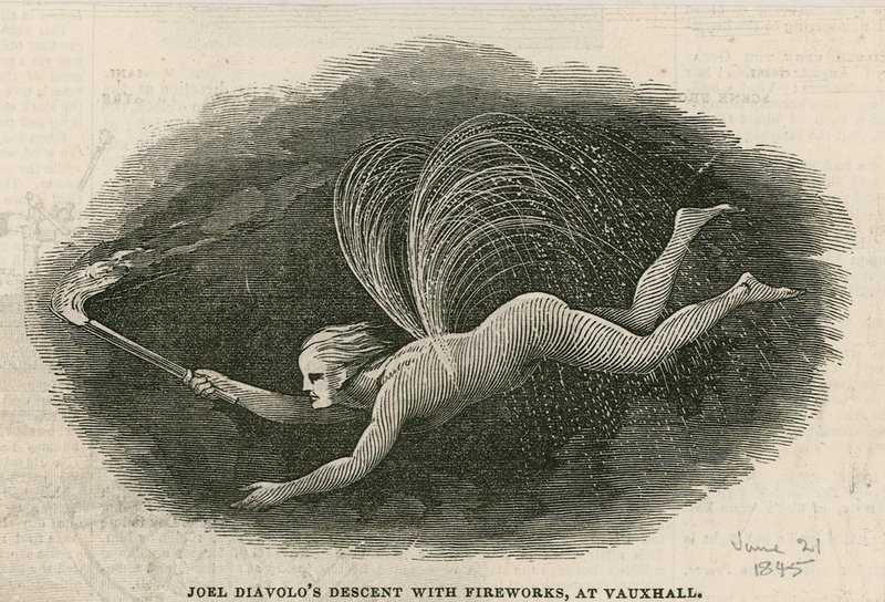 Joel Diabolos nedstigning med fyrværkeri ved Vauxhall Gardens, London af English School