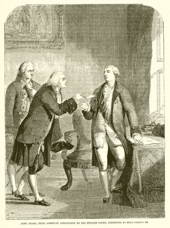 John Adams, første amerikanske ambassadør ved det engelske hof, præsenterede for kong George III af English School
