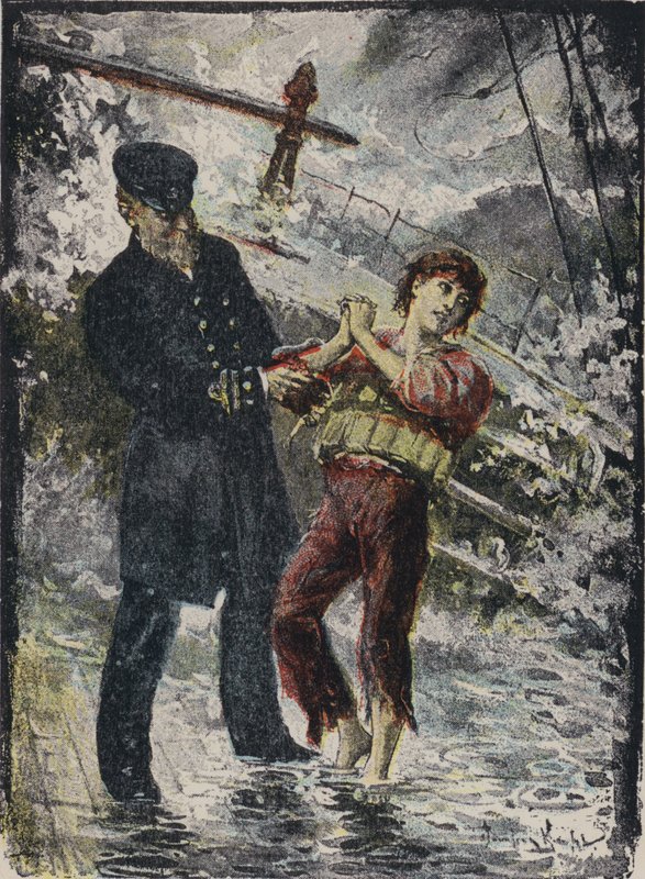 John Alexander Strachan, kaptajn på dampskibet Cyprian, gav sin redningsvest til en ung blindpassager, før skibet blev vraget i en kuling ud for den walisiske kyst i 1881 (farve litho) af English School