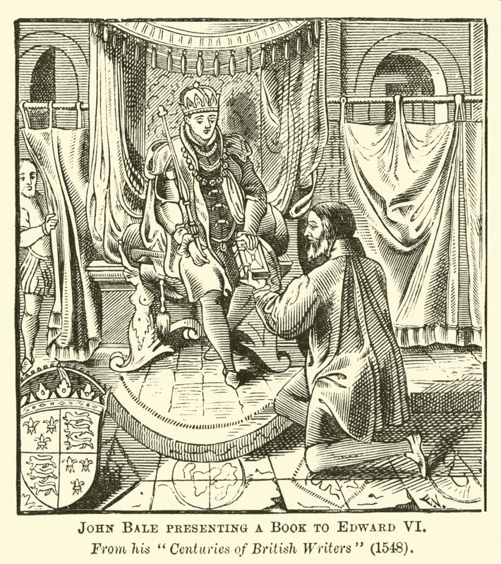 John Bale presenting a Book to Edward VI  af English School