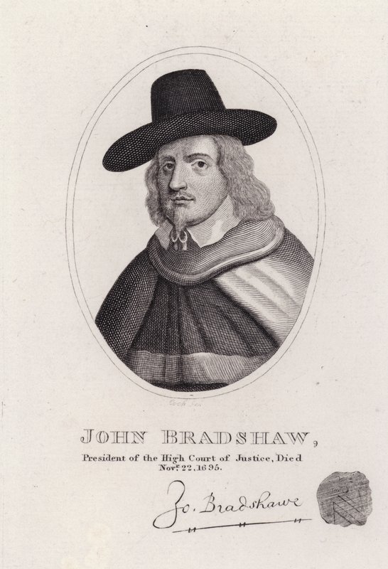 John Bradshaw, engelsk dommer, der var præsident for High Court of Justice for retssagen mod kong Charles I i 1649 (gravering) af English School