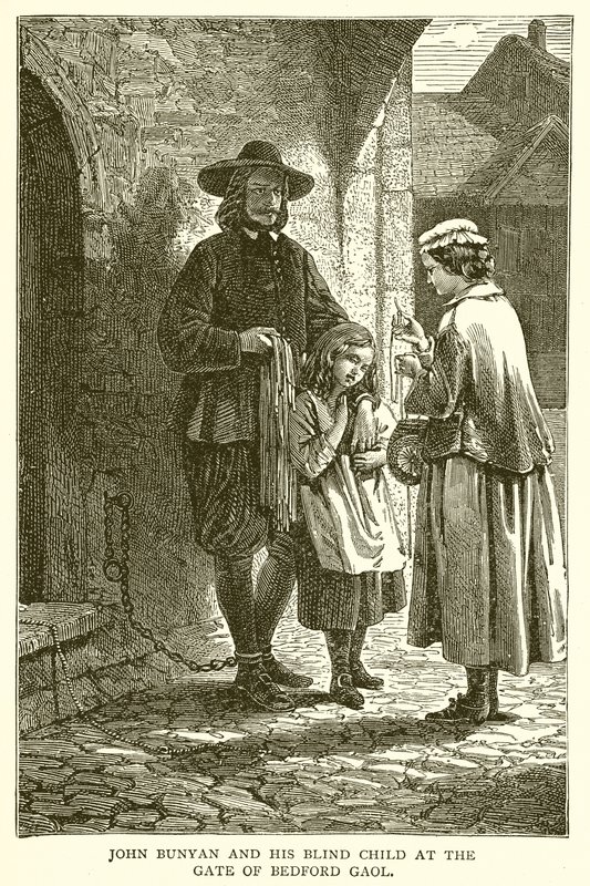 John Bunyan og hans blinde barn ved Gate of Bedford Gaol af English School