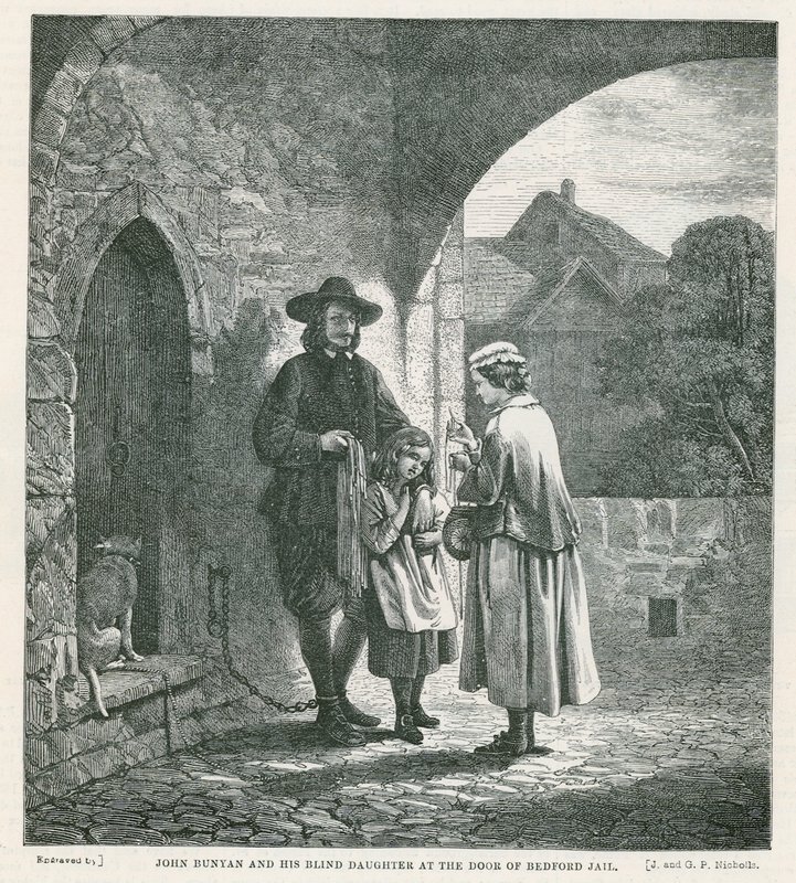 John Bunyan og hans blinde datter ved døren til Bedford-fængslet af English School