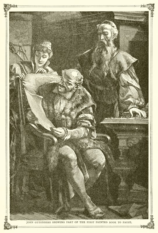 John Gutenberg viser en del af den første trykte bog til Faust af English School
