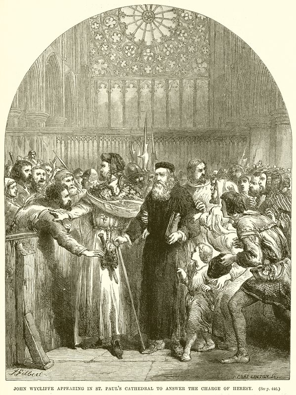 John Wycliffe optræder i St. Pauls Cathedral for at besvare anklagen om kætteri af English School