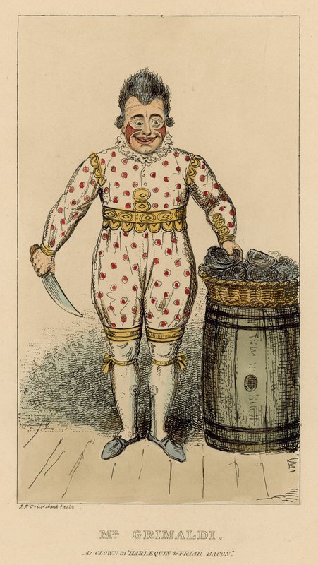 Joseph Grimaldi som klovn i Harlequin and Friar Bacon af English School