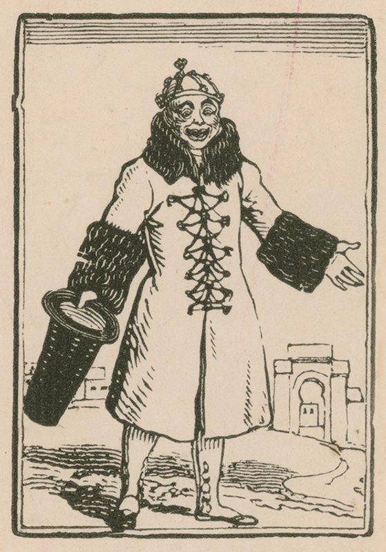 Joseph Grimaldi som klovn synger All the World i Paris, Surrey Theatre, 1814 af English School