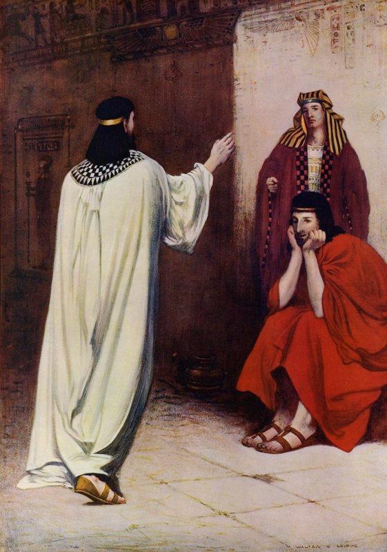 Joseph i fængsel, tolkning af drømmene (farve litho) af English School