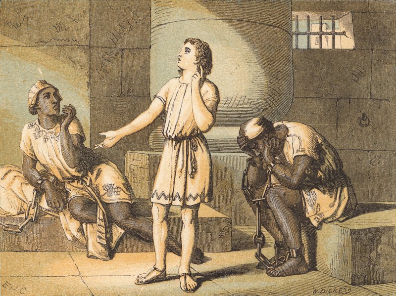 Joseph i fængsel (farvet gravering) af English School